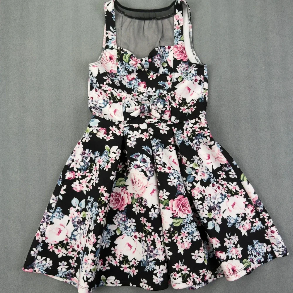 Abercrombie Kids Floral Fit and Flare Dress Size 9/10 Black Sleeveless Skater